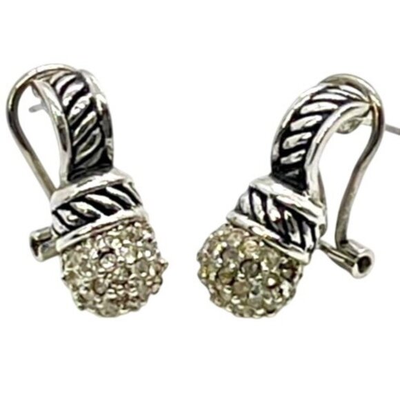 Vintage 90s Pave CZ Silver Tone Renaissance Revival Design Pierced Earrings - Picture 5 of 5